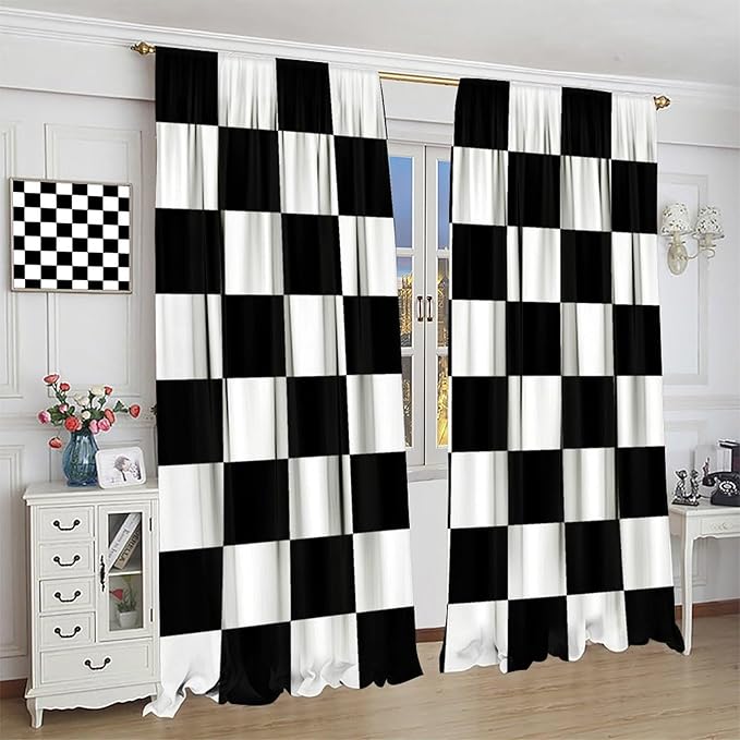 Black Checkered Curtains,70s Vintage Twisted Checkered Window Drapes Colorful Groovy Trendy Wavy Hippie Grid Print Window Treatments for Kids Boy Bedroom Living Room 42" W X 54" L