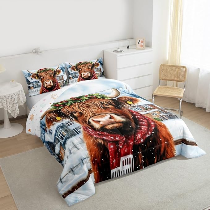 Feelyou Merry Christmas Bedding Set Soft for Boys Girls, Highland Cow Comforter Set Toddler Size Snowflake Duvet Quilt Microfiber Winter Bedroom Decor 2 Pcs with 1 Pillow Cases