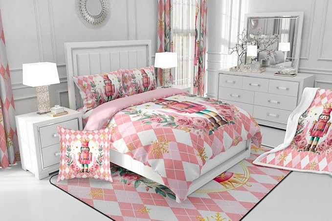 Feelyou Christmas Comforter Set Full Size Pink Nutcrackers Bedding Set for Kids Boys Girls Rhombus Pattern Duvet Quilt Floral Bedroom Decor Snowflake Microfiber 3 Pcs with 2 Pillow Cases