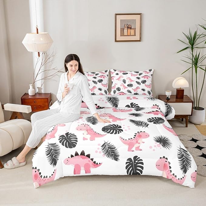 Cartoon Pink Dinosaur Bedding Set for Boys Girls,Palm Leaf Tropical Plants All Season Cozy Comforter Set Full Size,Watercolor Cute Animals Duvet Set Bedroom Decor,Festival Gifts