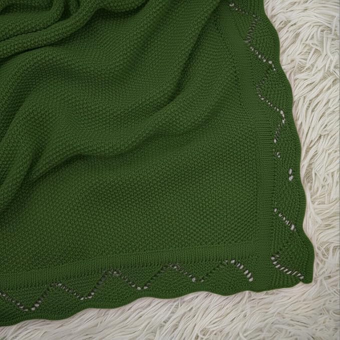 Baby Knit Blanket Soft Breathable Cotton Scallop Border Blankets Newborn Knitted Blanket Swaddle Blankets Gifts for Baby Newborn Toddler Shower Boy Girl New Mom Birthday Christmas Green 30x40