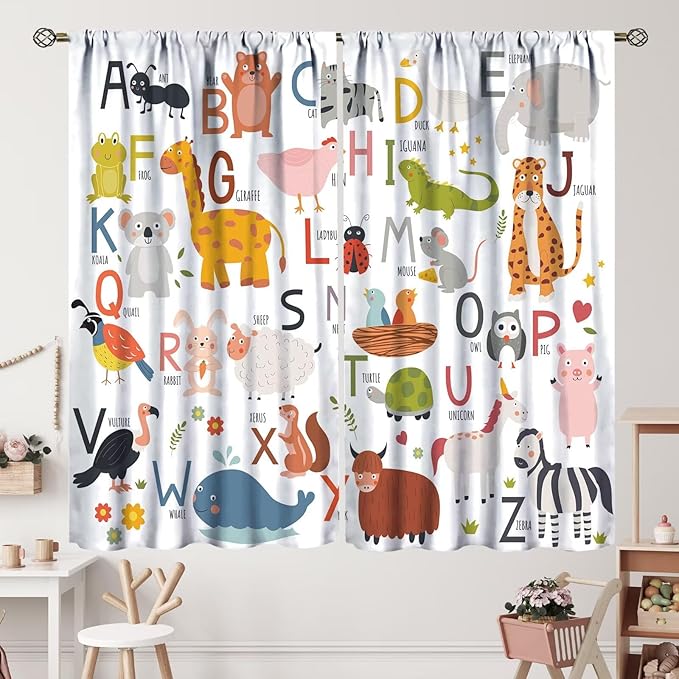 Alphabet Kids Learning Curtains Cartoon Animal Baby Boys Child Educational Curtain with Rod Pocket for Bedroom Nursery Home Decor Drapes Window Treatments 2 Panels Set 55" W X 63" L