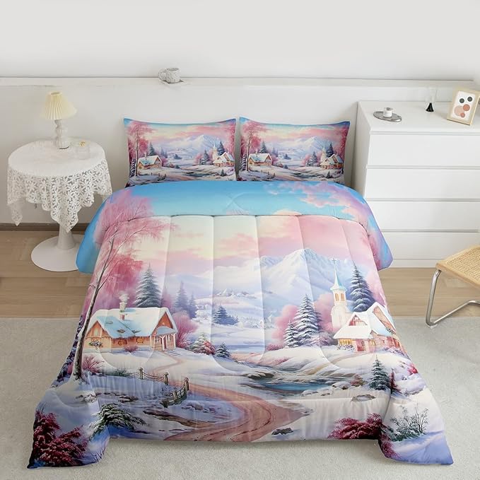 Feelyou Merry Christmas Kids Comforter Set Full Size Village Barn Bedding Set Winter Snowscape Duvet Quilt for Kids Boys Girls Bedroom Pine Tree Decor Microfiber Ultra Soft Breathable