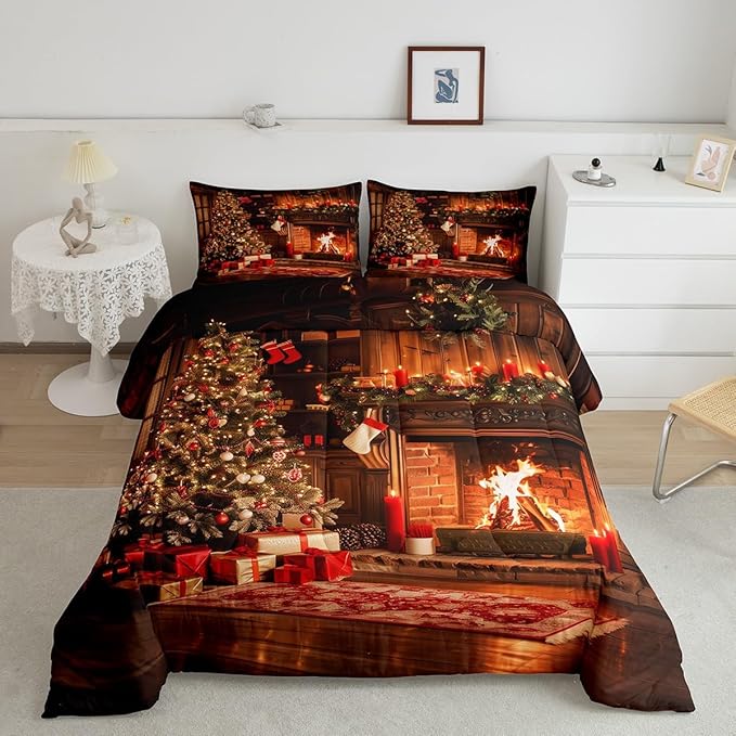 Xmas Theme Bedding Set Full Size, Vintage Christmas Fireplace Tree Comforter Set for Kids Boys Girls Room Decor, Merry Christmas Duvet Insert 3Pcs, Pine Tree Luxury Quilt Set, 2 Pillowcases