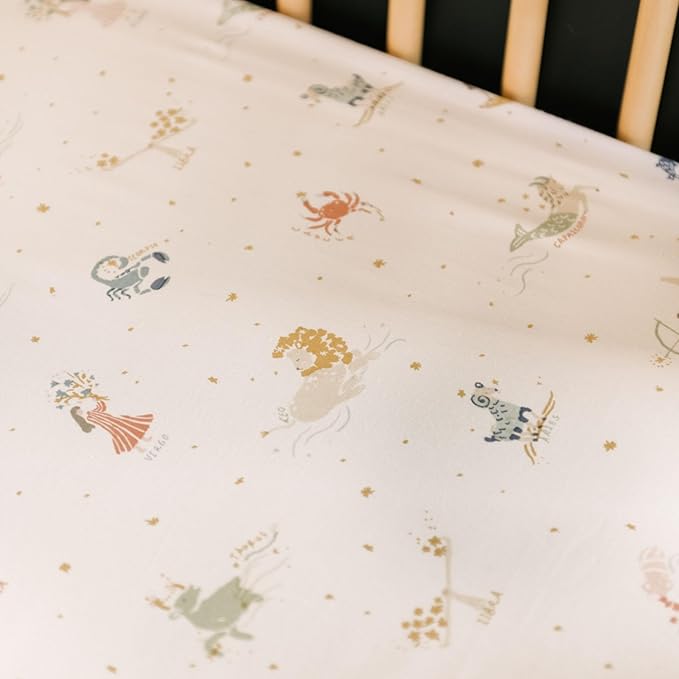 Pehr Crib Sheet, Zodiac | Breathable Brushed Organic Cotton for Soft Sleep | Snug Fit | Reusable Fabric Bag Packaging | Standard Crib Mattresses up to 52”L x 28”W x 8”H