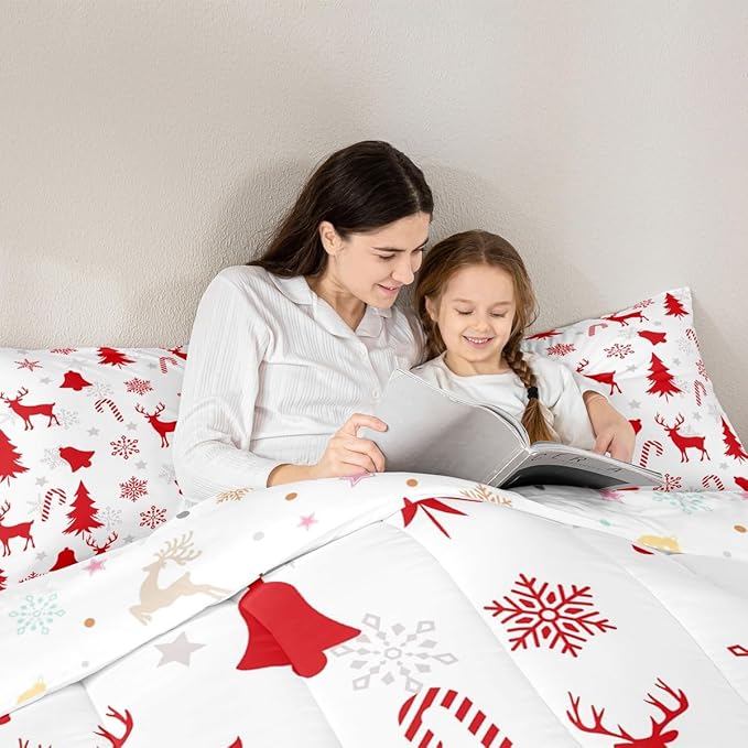 Feelyou Merry Christmas Bedding Set Soft for Boys Girls, Xmas Tree Reindeer Comforter Set King Size Candy Cane Bell Duvet Quilt Microfiber Snowflake Bedroom Decor 3 Pcs with 2 Pillow Cases