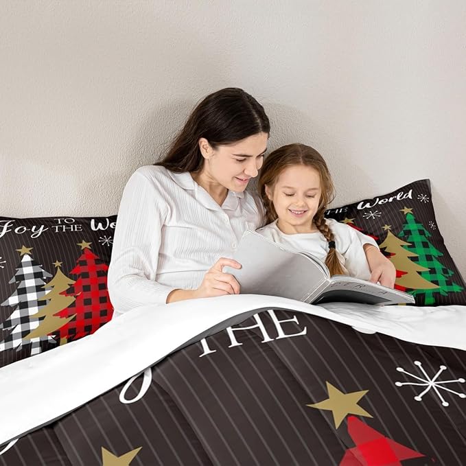 Christmas Kids Comforter Set Full Size,Plaid Pine Trees Snowflake Bedding,Girls Boys Adults Bedroom/Xmas Cabin Decor,Geometric Lines Stylish Down Comforter,Rustic Colorful Duvet Insert,2 Pillowcases