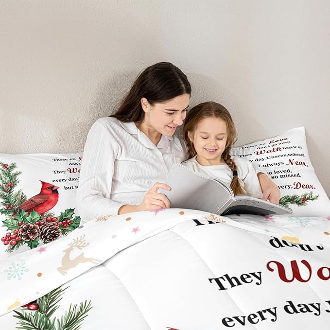 Red Cardinal Kids Bedding Set King Size,Christmas Birds Holly Pinecones Comforter Set,Berries Poinsettia Rustic Animal Quilt Comforter,White Red Green Bedroom Duvet Insert,2 Pillowcases