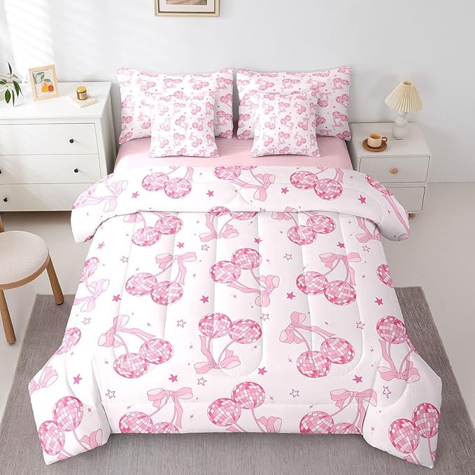 7 Pieces Bowknot Princess Kids Comforter Set Full,Disco Crystal Ball Western Cowgirl Bedding Set,Starry Sky Bow Tie Romantic Pink Girly（Comforter+Fitted+Flat Sheet+2 Pillowcases+2 Throw Pillow Covers）