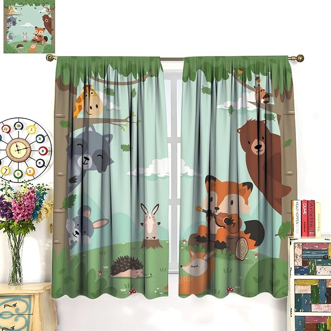 Forest Animals Curtains Colorful Forest Cartoon Cute Fox Bear Giraffe for Kids Boys Girls Nursery Bedroom Living Room Blackout Rod Pocket Decoration Window Drapes 2 Panels W21xL54in
