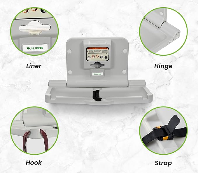 Alpine Wall Mounted Baby Changing Station 2 Pack - Horizontal Baby Changing Table Foldable Diaper Tables with Safety Strap for Commercial Bathroom, ADA Complaint (Hardware Included) White Gray