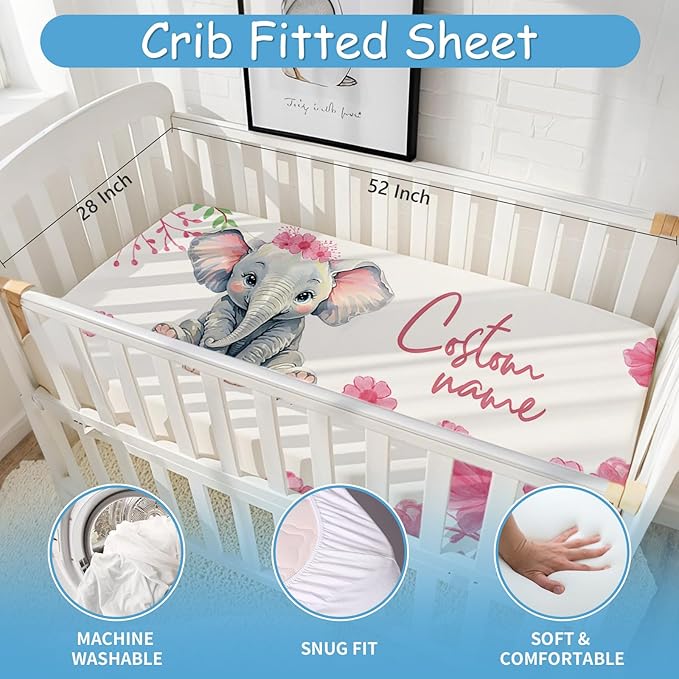 Personalized Nursery Bedding Set, 5 Pcs Custom Name Crib Bedding Set for Girls Boys, Pink Elephant Crib Set, Double Layer Baby Blanket with Dotted Backing, Customized Gift for Infant Toddler