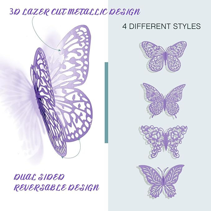 3D Gold Butterfly Wall Decor 3 Sizes 4 Styles Butterfly Party Decorations Cake Decorations Removable Stickers Wall Decor Room Mural Metallic Kids (Purple, 96Pcs)