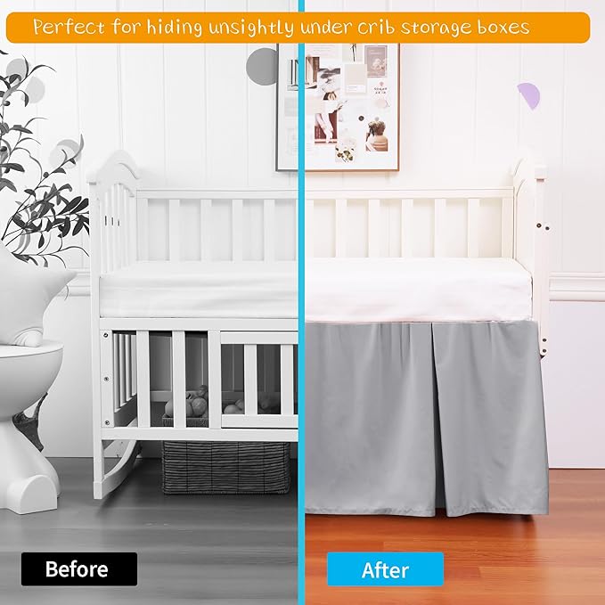Crib Bed Skirt Dust Ruffle 100% Cotton - Natural, Soft, Breathable for Baby's Delicate Skin, Nursery Toddler Crib Bed Skirt for Baby Boys Girls, Fits Standard Cribs 28" x 52" with 14" Drop