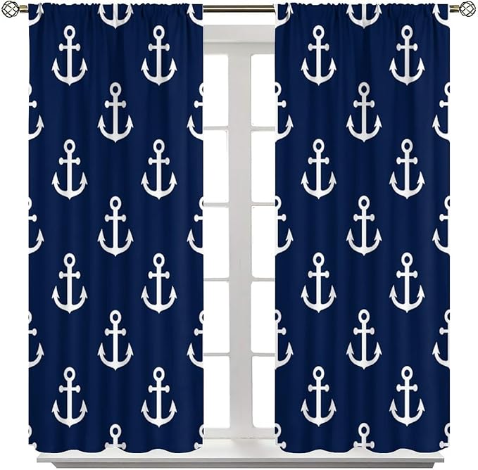 Nautical Costal Curtains,MarineThemed Oceanic Anchor Pattern Blackout Print Home Bedroom Living Room Window Treatments 2 Panel Set 52x84 Inch