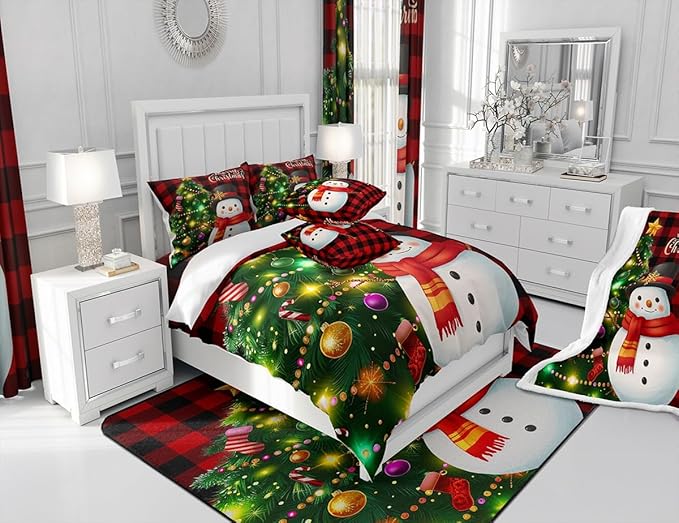 Manfei Christmas Duvet Cover Set Queen Size, Snowman Christmas Tree Comforter Cover with 2 Pillowcases, Red Plaid Grid Print Bedding Set 3pcs for Kids Boys Girls Room Decor,No Comforter