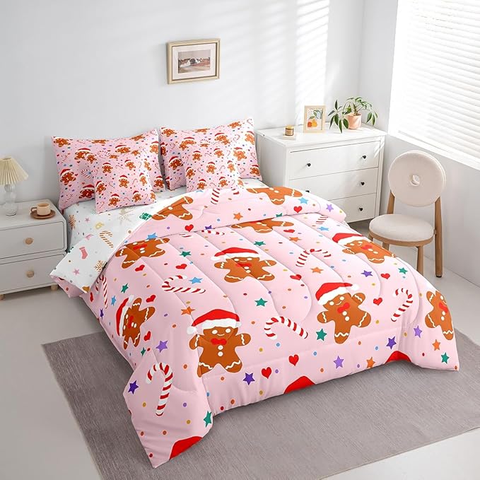 Feelyou Christmas Pink Bed in a Bag Cartoon Christmas Gingerbread Man Comforter Set with Sheets Xmas Theme Bedding Set for Kids Boys Girls Stars Candy Bed Set Decor Queen Size