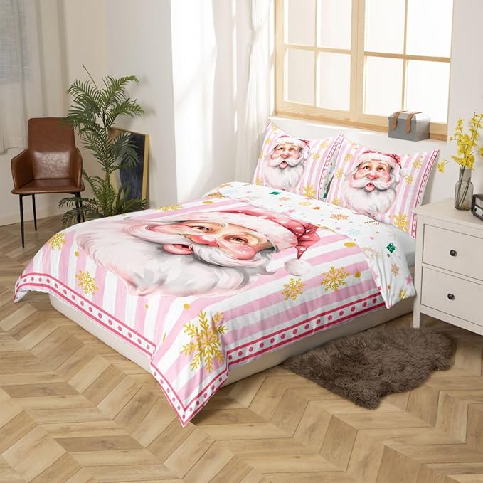Manfei Cartoon Santa Claus Duvet Cover,New Yrar Decor Golden Snowflake Christmas Theme Bedding Set for Bedroom Decor,Girly Pink Geometric Stripes All Season Bedding (NO Comforter) King Size