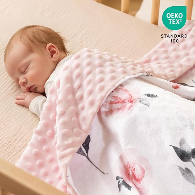 david's kids Micro Fleece Minky Baby Blanket for Girls with Double Layer and Soothing Raised Dots, Breathable and Soft Lightweight Receiving Blanket for Newborns, 50x60 Inches, Floral Flowers