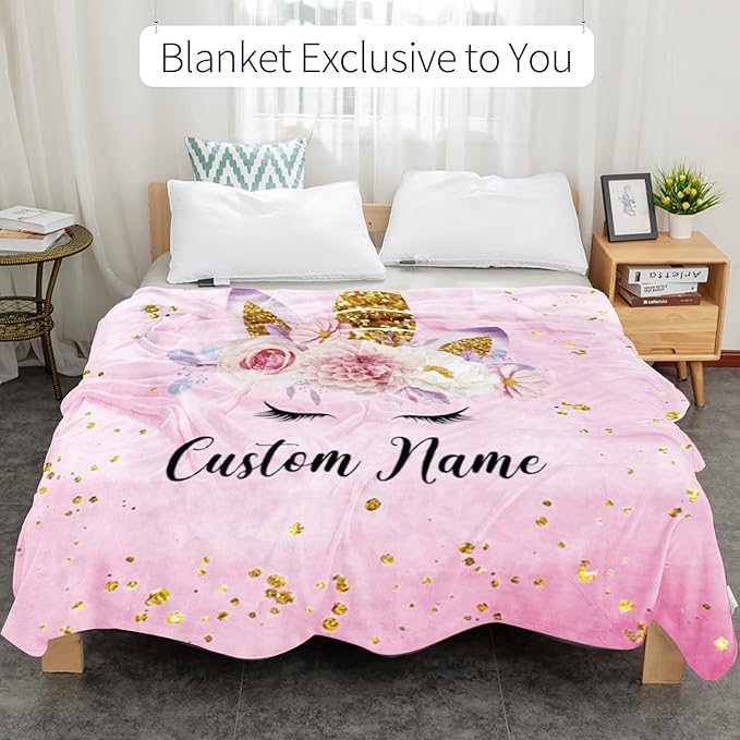 Custom Horse Blanket with Name for Girl, Personalized Name Blanket for Kids, Soft Flannel Pink Toddler Blanket Customized Gift for Birthday Christmas Baby Shower Children Day 40x50in