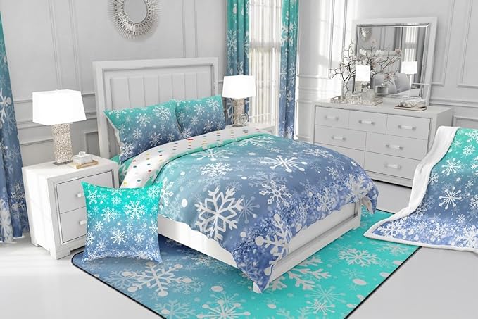 Feelyou Winter Snowflake Kids Comforter Set Queen Size Christmas Bedding Set Winter Holiday Duvet Quilt for Kids Boys Girls Bedroom New Year Decor Microfiber Ultra Soft Breathable