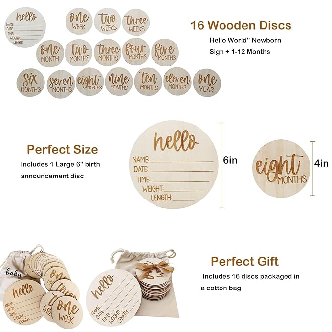 Wooden Milestone Cards and Discs 16pc Set for Baby Photos and First Year Milestones - New Parents and Baby Showers with "Hello World" Sign and Monthly Cards from 1-12 Months