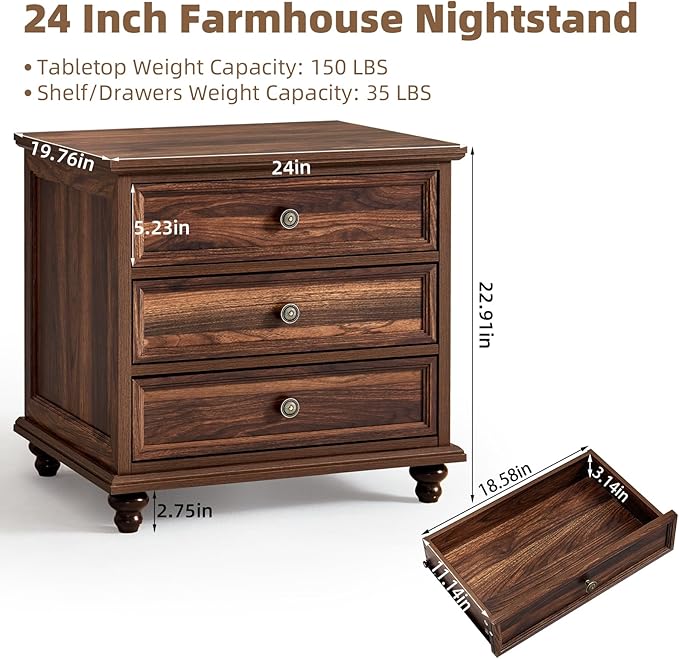 Farmhouse Dresser and Nightstand Sets, Wooden 7 Drawers Dresser & 24" Night Stand with 3 Drawers, 2 Piece Bedroom Furniture Set, Chest of Drawers for Bedroom, Home, Living Room, Hallway