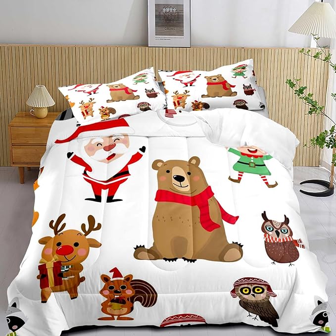 LUVIVIHOME 2PCS Merry Christmas Comforter Set Twin Size, Boys Girls Kids Bedding, White Quilt, Funny Cute Cartoon Santa Claus Elf Owl Elk Reindeer Squirrel Xmas Christmas Bedroom Decor, 1 Pillow Sham