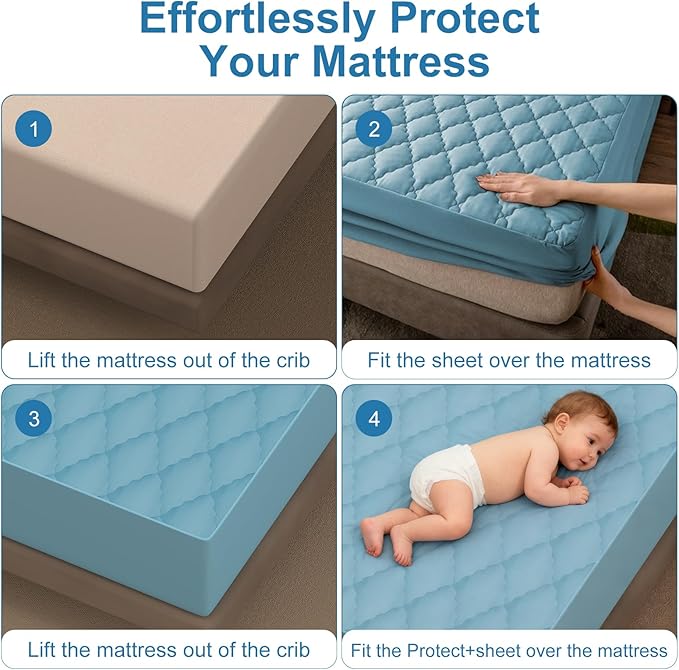 2Pack Waterproof Crib Sheets for Boy, Girl - Cotton 52X28 Fitted Crib Sheets Crib Mattress Protector Sheets,Soft Toddler Bed Sheets,Washable Infant Fitted Baby Bed Sheets (Blue, 52 * 28inch)