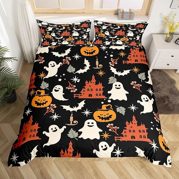 Halloween Bedding Duvet Cover Set Kids Cartoon Jack O Lantern Bedding Set Kids Ghost Pumpkin Lantern Decor Comforter Cover Set Microfiber Bats Castle Bedspread Cover Bedroom Bedclothes Toddler Size