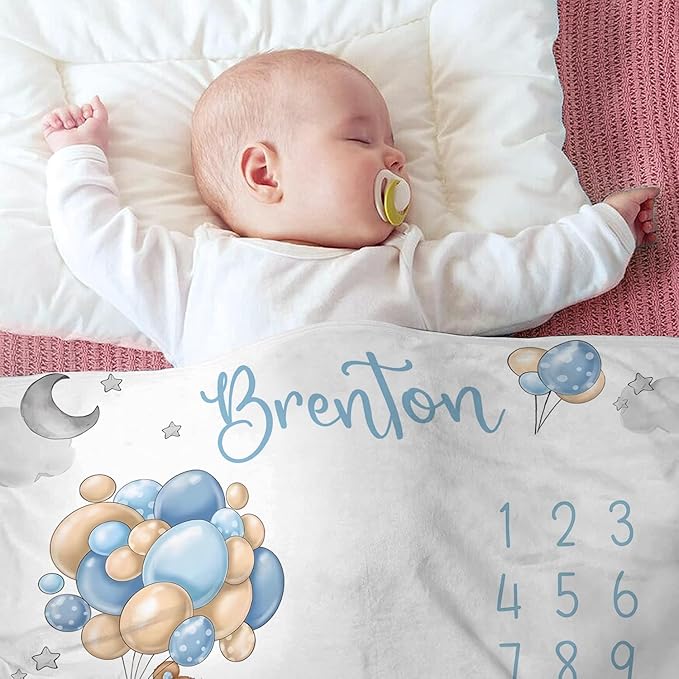 OLIVE OLIVIA Personalized Baby Milestone Blanket with Customized Name, 60"x80", White, Flannel, Throw Blanket, Modern Style, Bear Theme, Unisex, Machine Wash