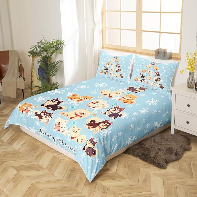 Manfei Xmas Tree Duvet Cover Set Twin Size, Cute Christmas Dogs Print Comforter Cover with 1 Pillowcase, New Year White Snowflake Print Bedding Set 2pcs for Kids Boys Girls Bedroom Decor,No Comforter
