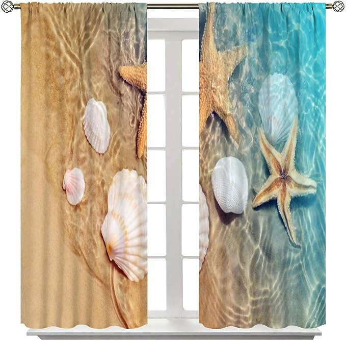 Beach Curtain for Bathroom Decor，Sea Turtle Starfish Seashell Nautical Ocean Coastal Scenery Art Printed Fabric Polyester Waterproof Set 2 Panels,63x63 Inches