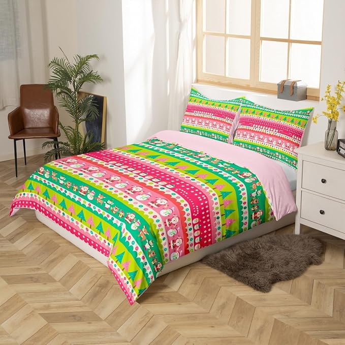 Christmas Bedding Set Cute Fox Santa Claus Polar Bear Comforter Cover for Kids Boys Girls Teens Christmas Tree Duvet Cover Breathable Pink Dots Stripe Bedspread Cover Room Decor Quilt Cover King Size