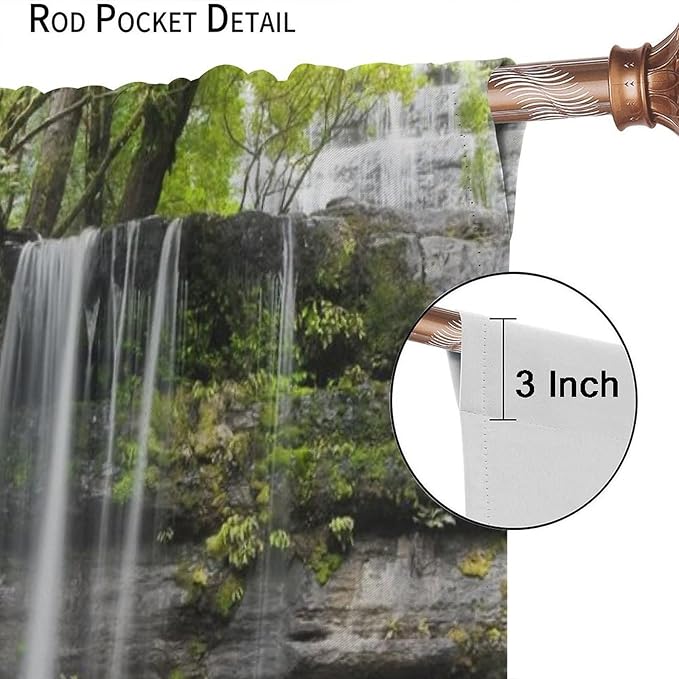 Natural Landscape Waterfall Blackout Curtains, Forest Falls Spring Natural Scenery Green Plant Tree Leaf Rod Pocket Window Drapes, for Bedroom Living Room 52" W X 84" L