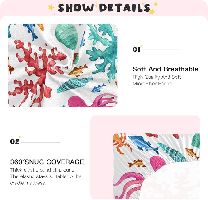 Colorful Ocean Animal Crib Sheets for Boys Girls Pack N Play Sheet Soft Breathable Mini Crib Sheets 39" x 27"