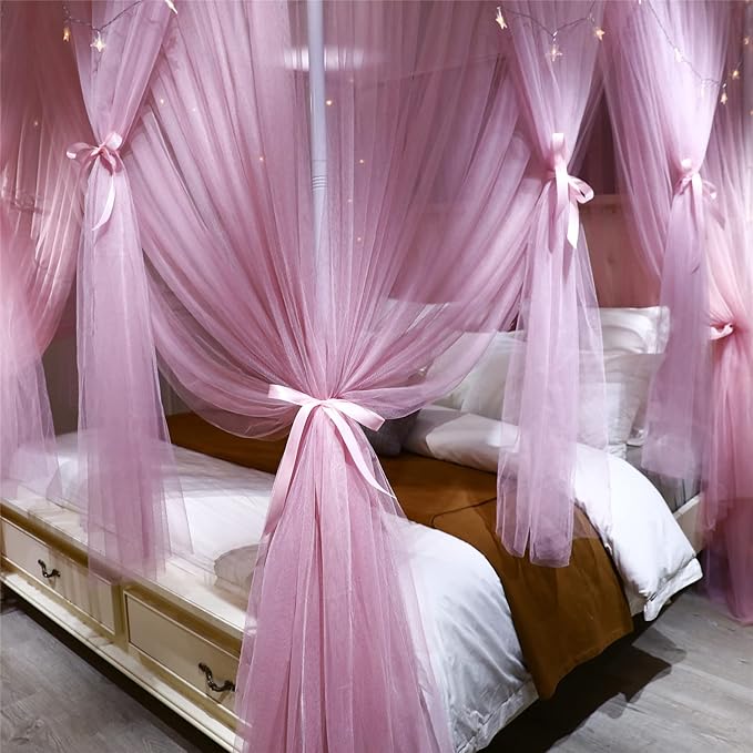 VETHIN 4 Corners Post Princess Bed Canopy Curtain Double Layer Cozy Drape Netting 4 Opening Mosquito Net for Girls & Adults Bedroom Decoration Accessories (Double Pink, 47" W*78" L*82"*H/Twin)