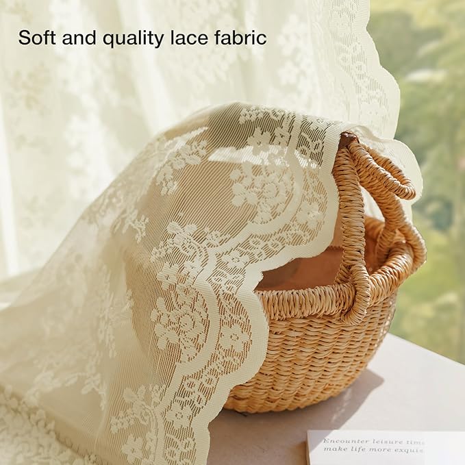 Anmao Vintage Lace Curtains 54 Inches Long 2 Panels Set, Romantic Elegant Light Filtering Semi Sheer Floral Thick Lacy Curtain Drapes for Living Room and Bedroom, Each Panel 55W x 54L, Cream Yellow