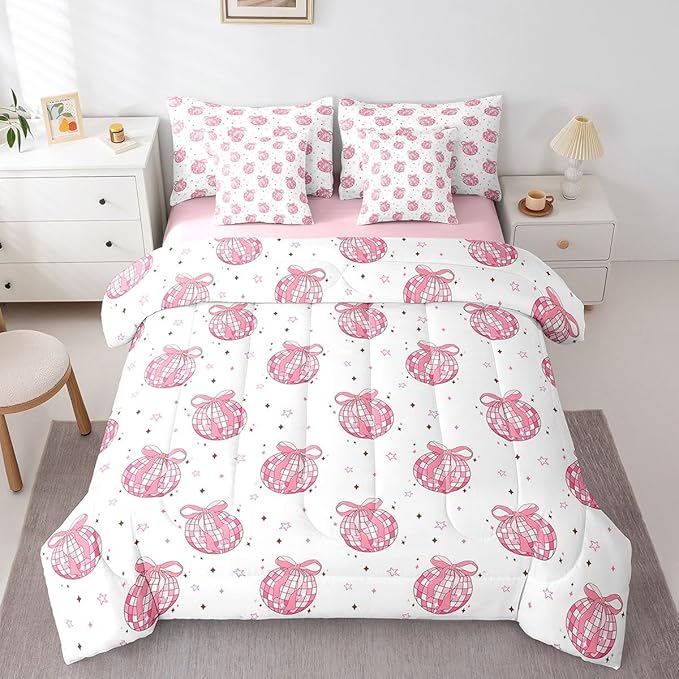 7 Pieces Bow Tie Princess Comforter Queen,Western Cowgirl Disco Crystal Ball Dreamy Bedding Set,Star Bowknot Patchwork Romantic Pink（Comforter+Fitted+Flat Sheet+2 Pillowcases+2 Throw Pillow Covers）