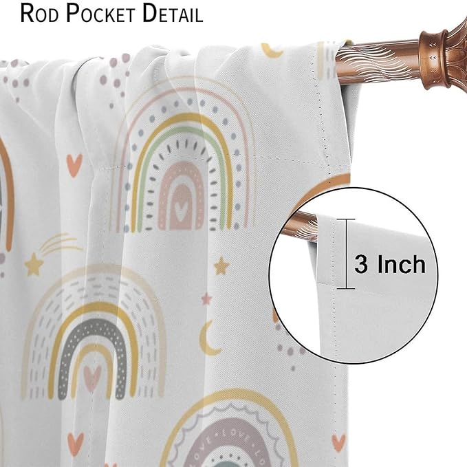 Kids Rainbow Curtains Boho Cartoon Colorful Stars Love Heart Lovely Abstract Art Pattern Print Window Drapes for Girl Bedroom Living Room Kitchen Decor,2 Panel Set,72Wx63H Inch Blackout
