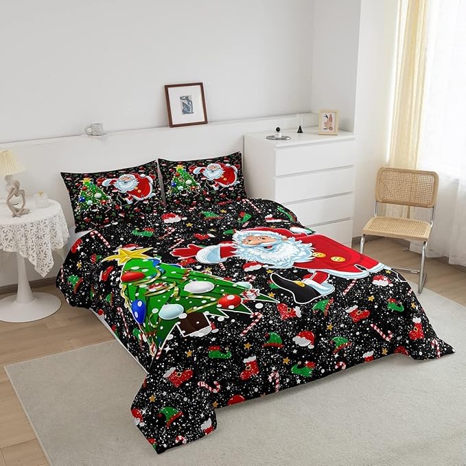 Feelyou Merry Christmas Comforter Set Santa Claus Christmas Tree Galaxy Red Black Bedding Quilt,Soft Warm Lightweight,Twin Size for Girls Boys Kids 1 Comforter + 1 Pillow Case Boys