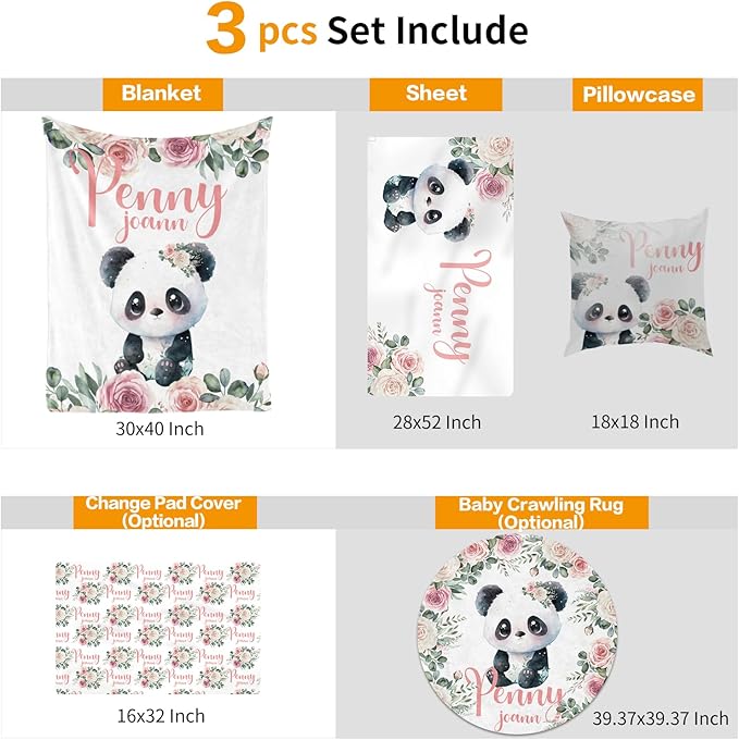 Custom Crib Bedding Set - Panda Design Personalized Name Baby Nursery Bedding 3 Pcs Set - Chic Soft Blanket, Sheet, Pillowcase for Newborns Boys Girls Gifts Color14