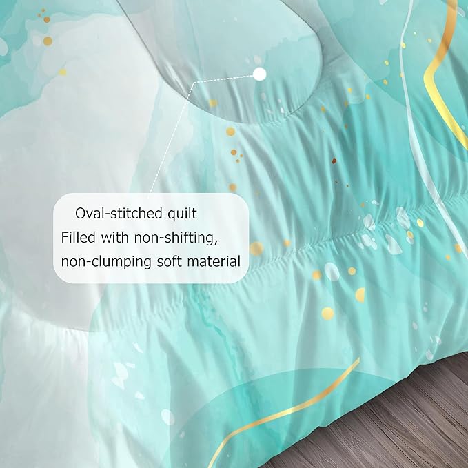 Comforter Set Teal Marble: King Size Aqua Marble Bedding Sets for Women Adults Room Decor Abstract Cyan Blue Green Quilt Luxury Gold Bed Set 1 Comforter & 2 Pillowcases
