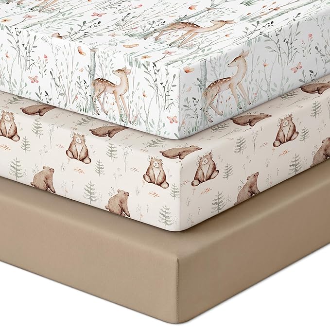 Pack and Play Sheets Fitted, 3 Pack Soft Stretchy Baby Mini Crib Sheets for Pack N Play Mattress and Portable Playard Sheets for Boys and Girls Brown Bear Deer