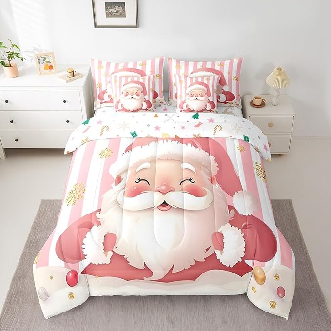 Feelyou Merry Christmas Decorations King Size Bed Set Santa Claus Bed in a Bag Pink Bedding Set Soft Warm Lightweight Comforter Set with Sheets