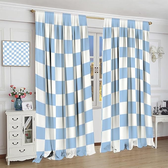 Blue Checkered Curtains,70s Vintage Twisted Checkered Window Drapes Colorful Groovy Trendy Wavy Hippie Grid Print Window Treatments for Kids Girls Bedroom Living Room 42" W X 54" L