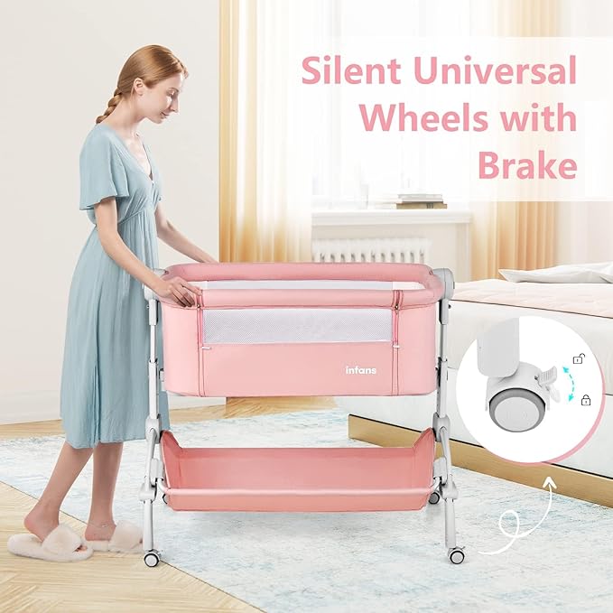 INFANS 3 in 1 Baby Bassinet, Bedside Sleeper, Rocking Cradle, Easy Folding Portable Safer Co-Sleeping Crib with Height Adjustable, Wheels Storage Basket Travel Bag for Infant Newborn (Coral)
