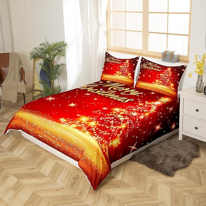 Manfei Christmas Tree Duvet Cover Set Twin Size Gold Sparkle Comforter Cover Merry Christmas Bedding Set 2pcs for Kids Boys Girls Western New Year Theme Bedspread Cover with 1 Pillowcase,No Comforter
