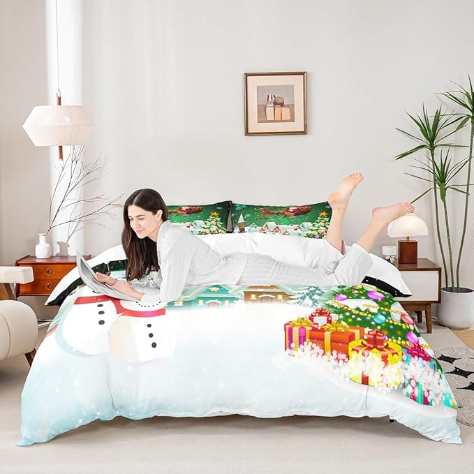 Manfei Christmas Duvet Cover Set Full Size, Snowman Xmas Tree Comforter Cover with 2 Pillowcases, Santa Claus with Deer Bedding Set for Kids Boys Girls New Year Theme Bedspread Cover, No Comforter