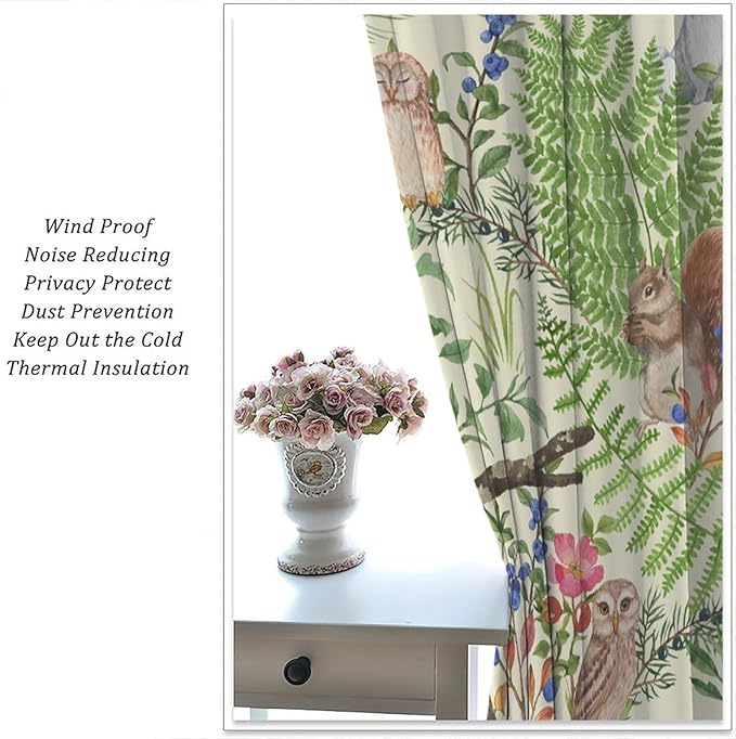 Forest Animal Curtains, Kids Rustic Wild Animal Window Treatments Watercolor Cute Woodland Fox Hedgehog Window Drapes for Nursery Toddler Bedroom 72x63in